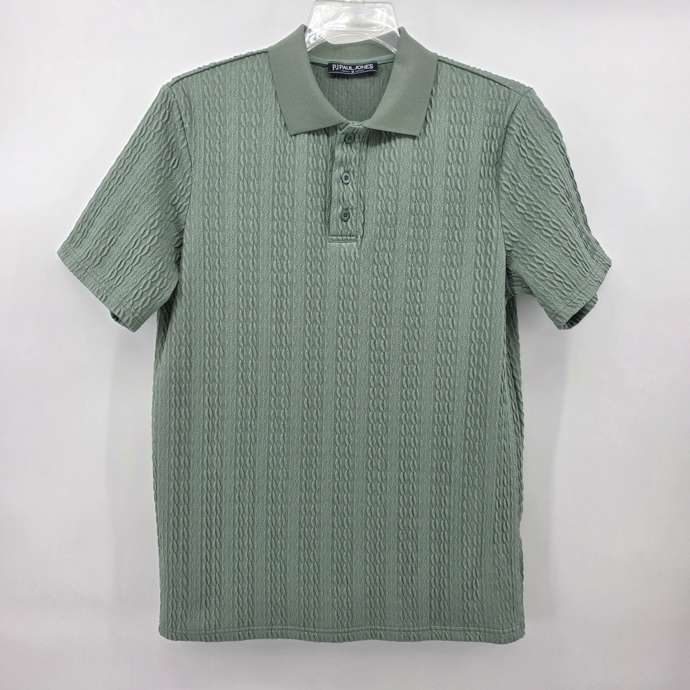 PJ Paul Jones Mens Sage Green Textured Cable Knit Short Sleeve Polo Shirt Size M